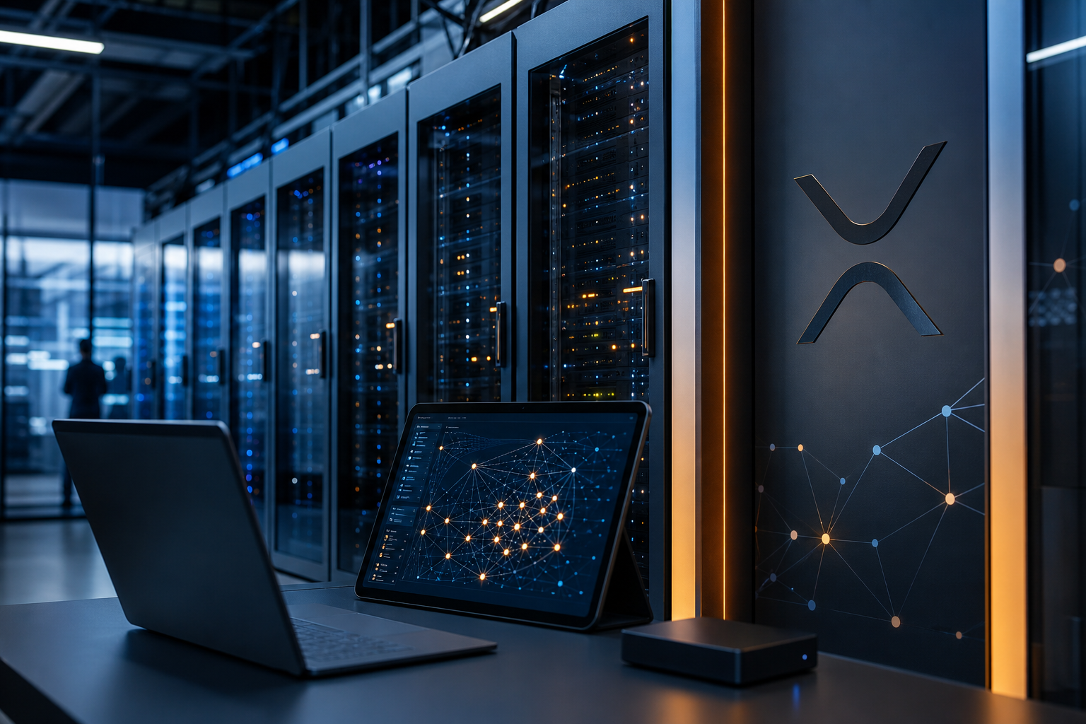 Realistisch redactioneel AI-beeld bij XRP Ledger-nieuws: DIA-oracles beschikbaar voor applicaties op de XRP Ledger
