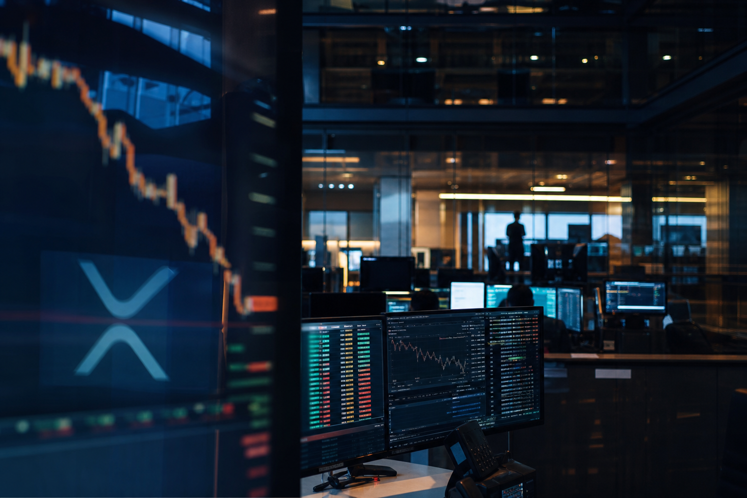Realistisch redactioneel AI-beeld bij XRP-nieuws: XRP zakt terwijl hefboomhandel volgens CoinDesk oploopt