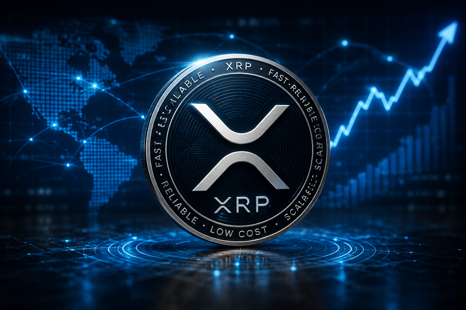 XRP-logo met digitale wereldkaart en koersgrafiek