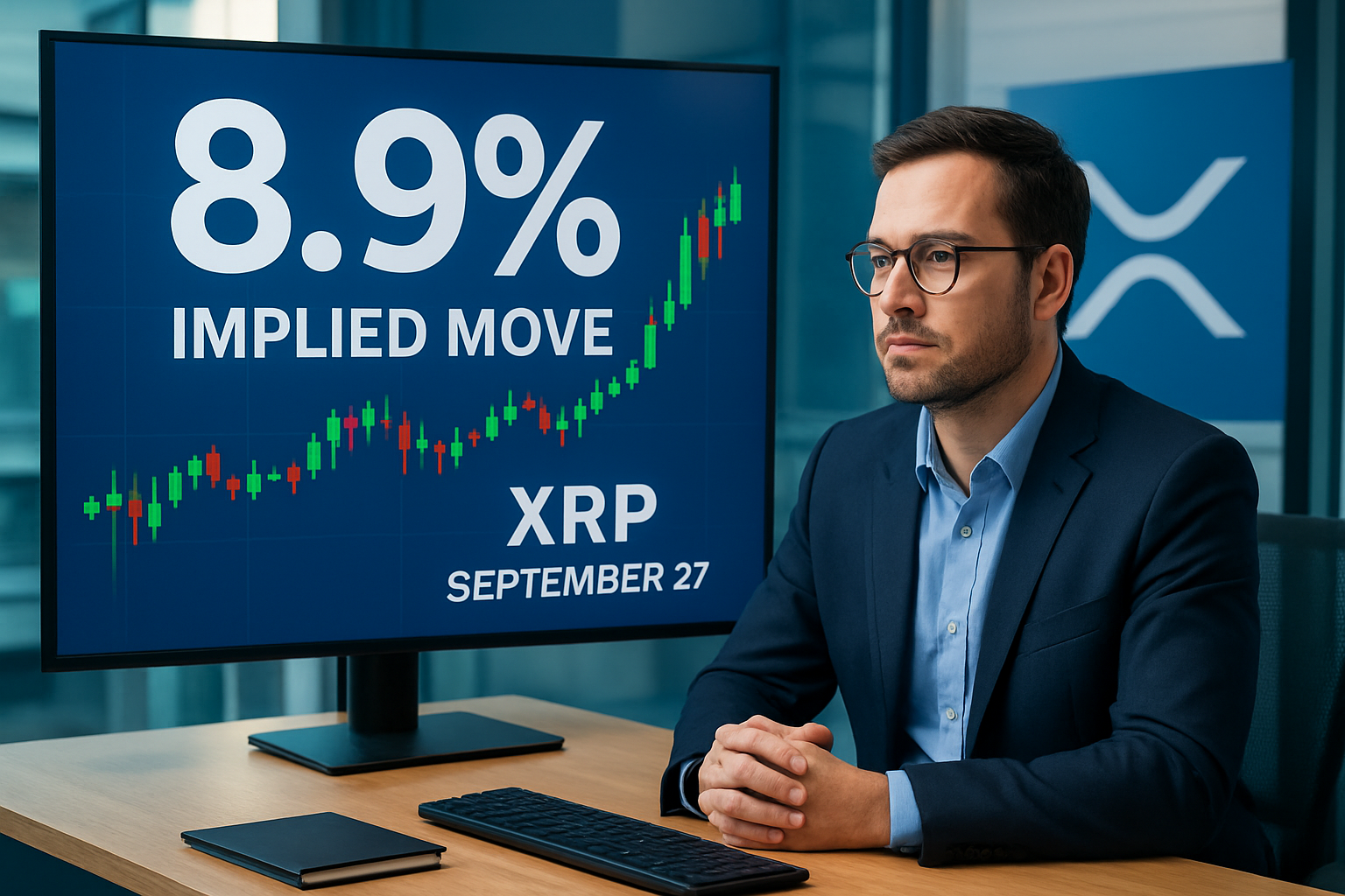 Realistisch redactioneel AI-beeld bij XRP-nieuws: 8,9% implied move voor XRP tot 27 september