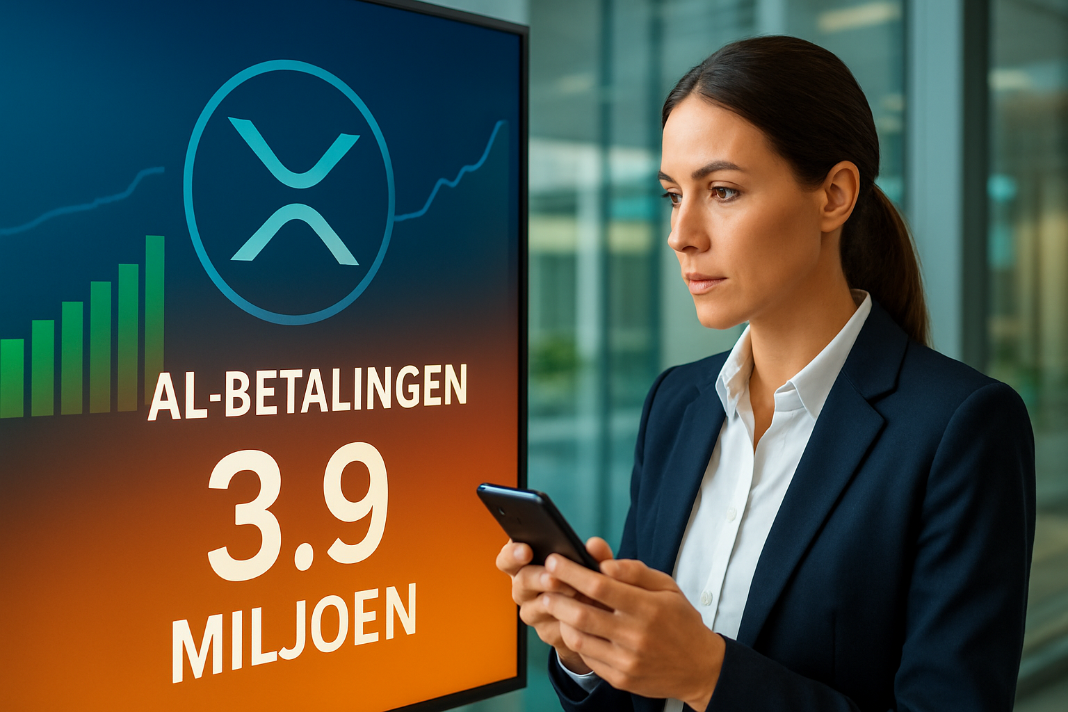 Realistisch redactioneel AI-beeld bij nieuws over RLUSD: AI-betalingen met XRP en RLUSD naderen 4 miljoen volgens U.Today