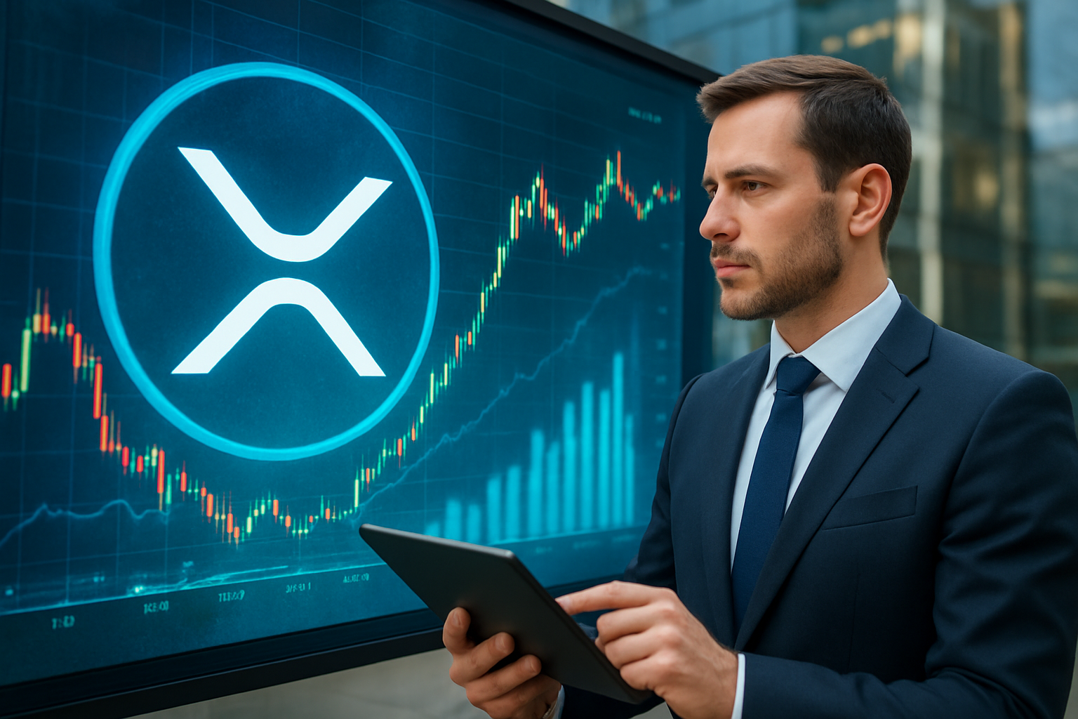 Realistisch redactioneel AI-beeld bij XRP-nieuws: Analist noemt 1,55 dollar belangrijk niveau voor XRP