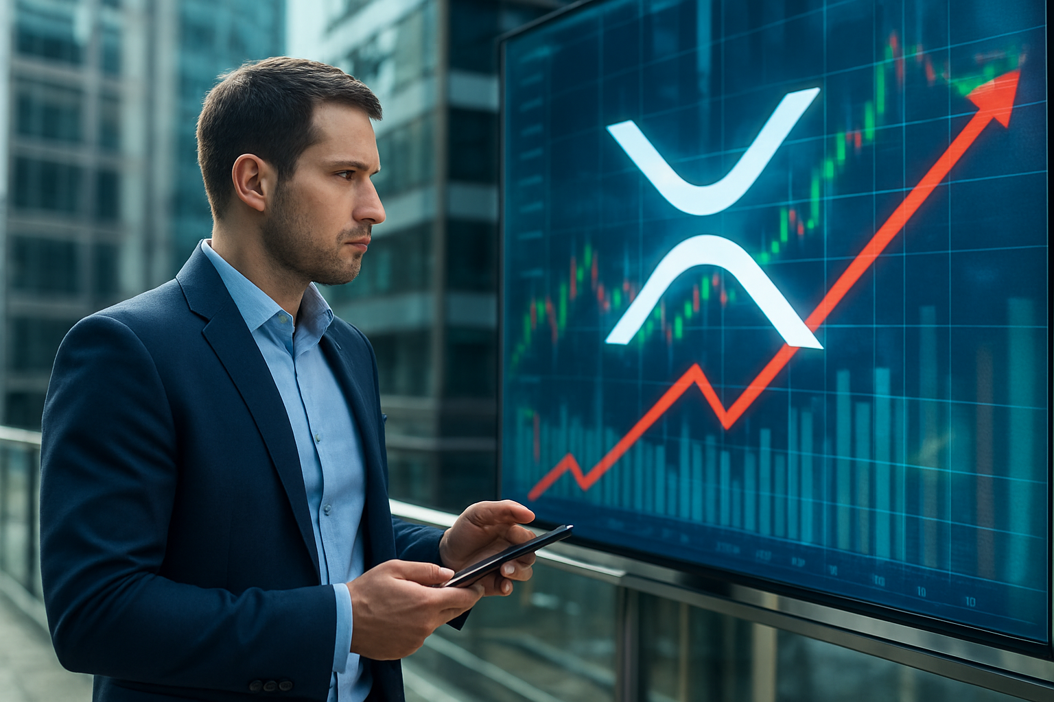 Realistisch redactioneel AI-beeld bij XRP-nieuws: Analist ziet 2 dollar pas in beeld bij XRP boven 1,57 dollar