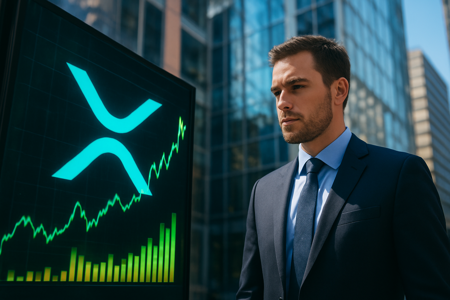 Realistisch redactioneel AI-beeld bij XRP-nieuws: Coinbase Markets meldt XRP-skew van 9,3 volatility points in 95e percentiel