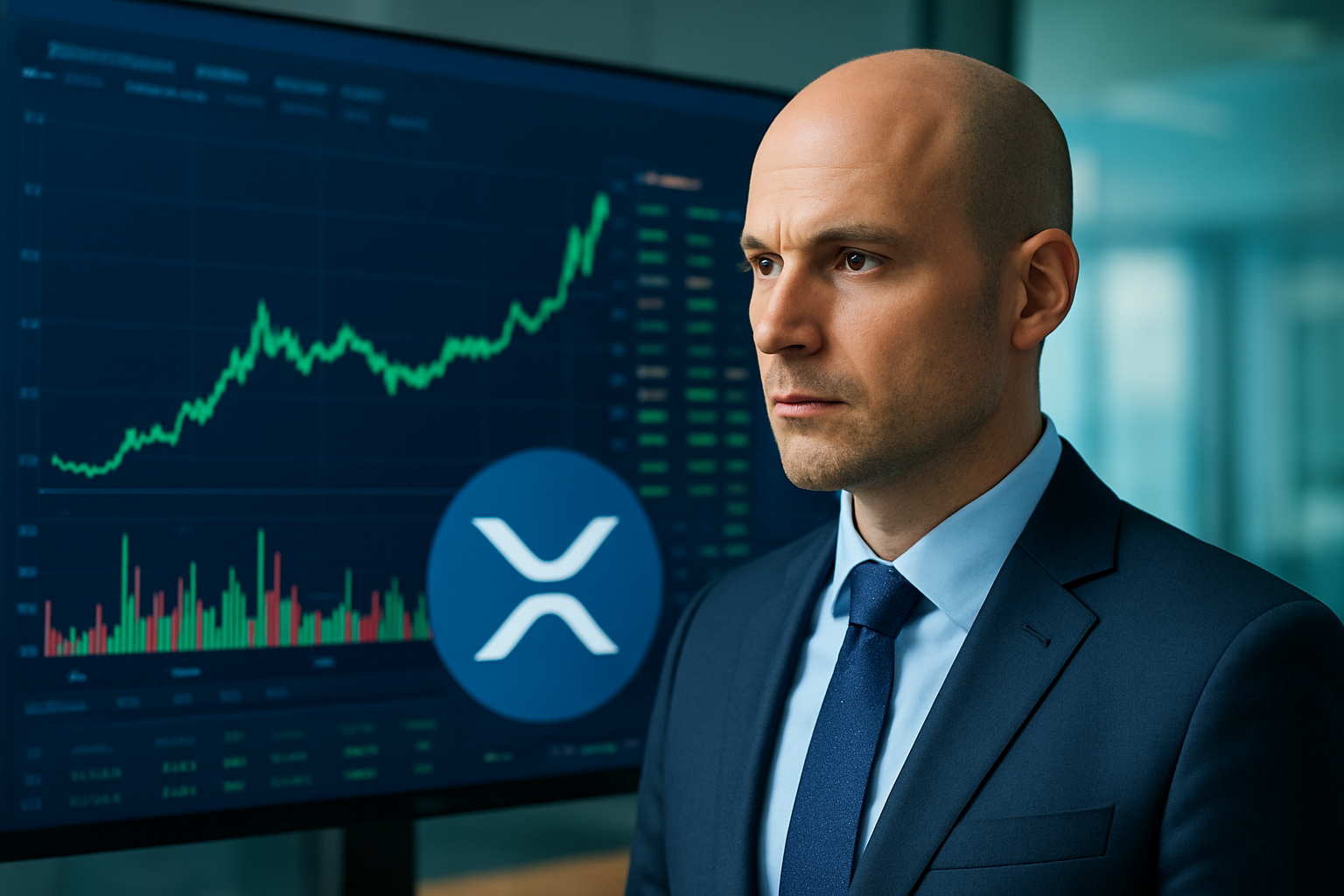 Realistisch redactioneel AI-beeld bij XRP-nieuws: CoinDesk en The Block melden meer whale-activiteit rond XRP