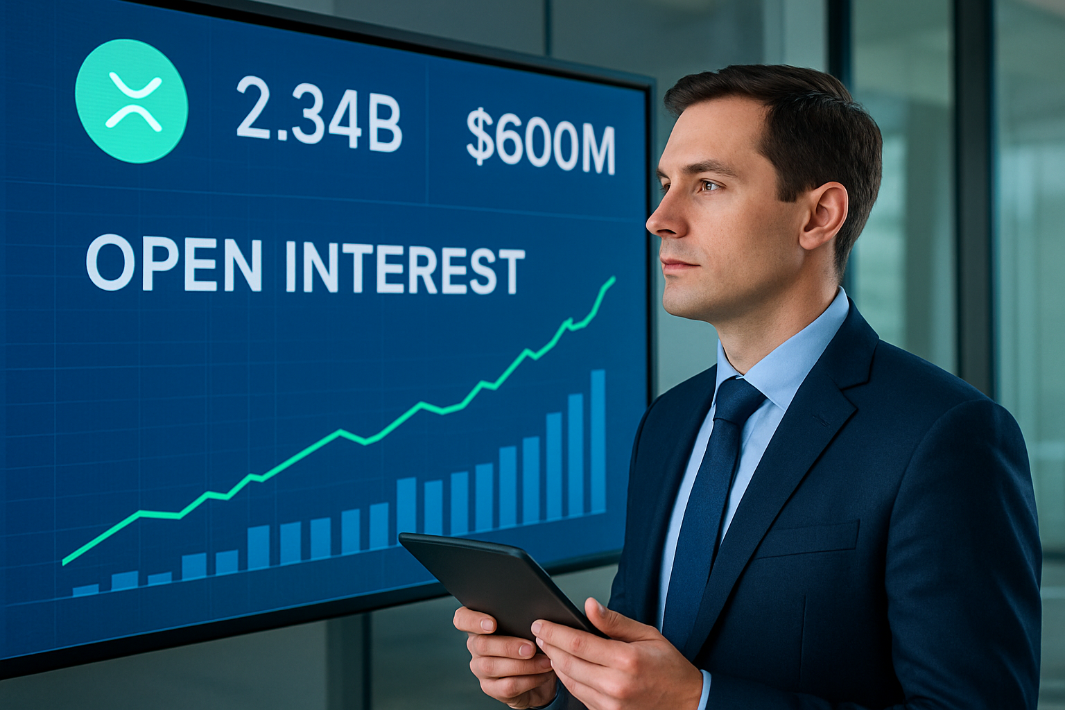 Realistisch redactioneel AI-beeld bij XRP-nieuws: CoinDesk en The Crypto Basic melden stijgende XRP-open interest in derivatenmarkt