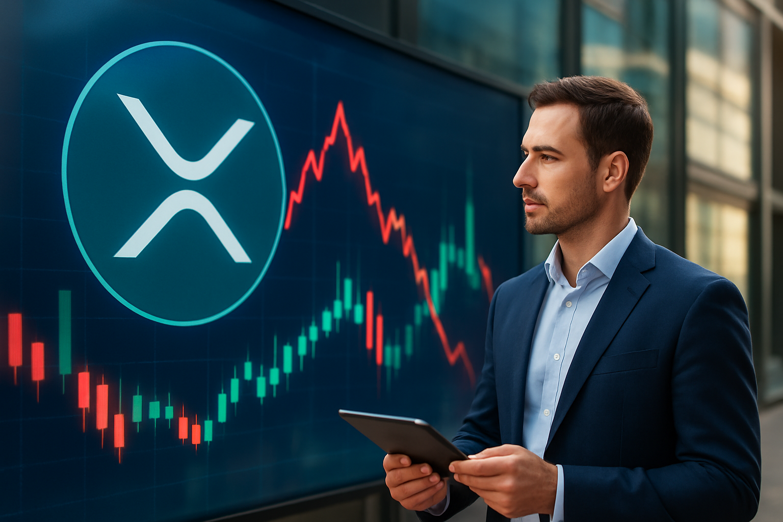Realistisch redactioneel AI-beeld bij XRP-nieuws: Dalende XRP-futures en netto shortposities bij leveraged funds