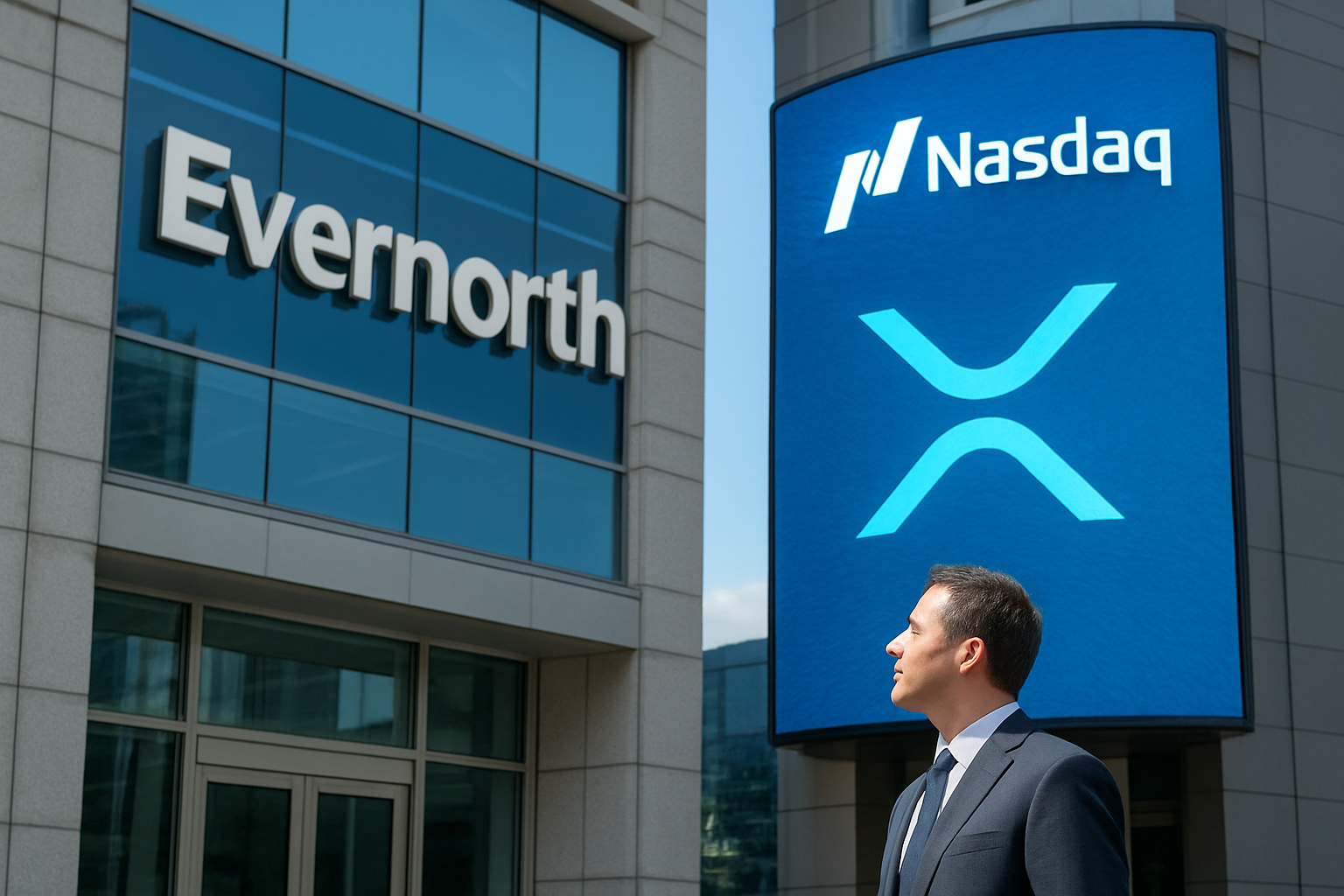 Realistisch redactioneel AI-beeld bij XRP-nieuws: Evernorth nadert Nasdaq-notering met grote XRP-voorraad
