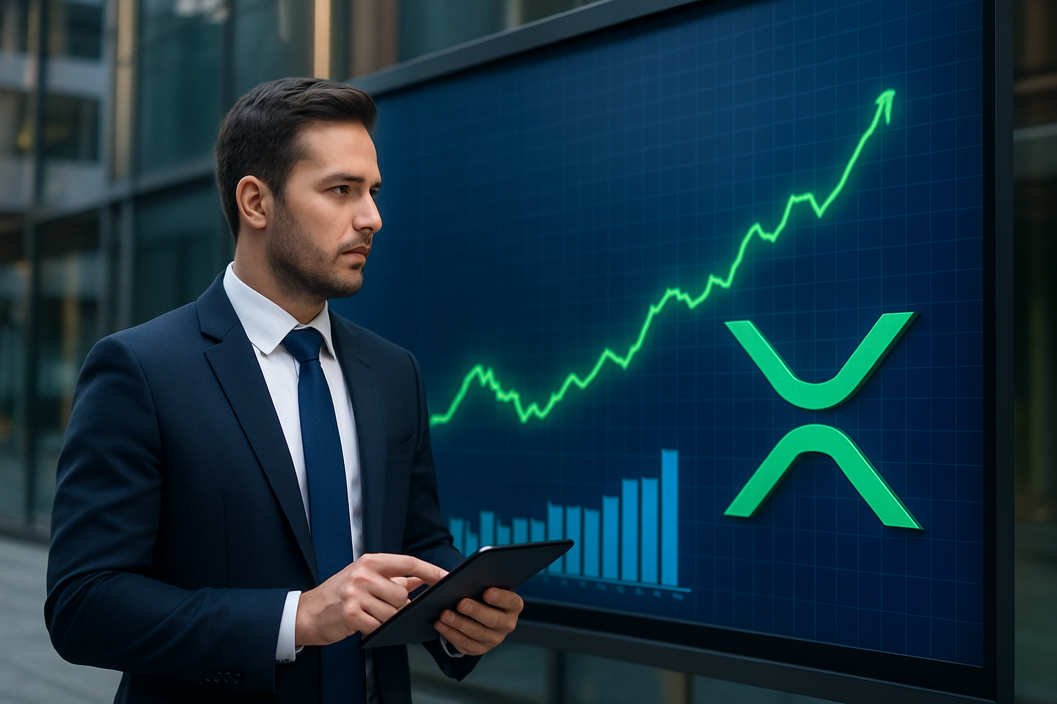Realistisch redactioneel AI-beeld bij XRP Ledger-nieuws: Evernorth: waarde stablecoins en tokens op XRPL fors gestegen