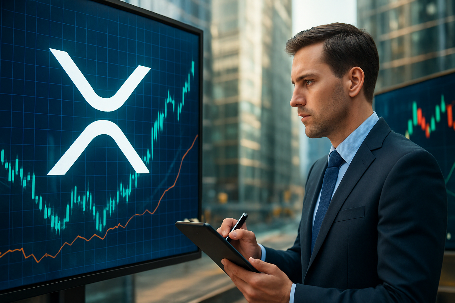 Realistisch redactioneel AI-beeld bij XRP-nieuws: FXStreet en andere bronnen zien XRP consolideren na rally, met mogelijk retracement richting $1,35-$1,25