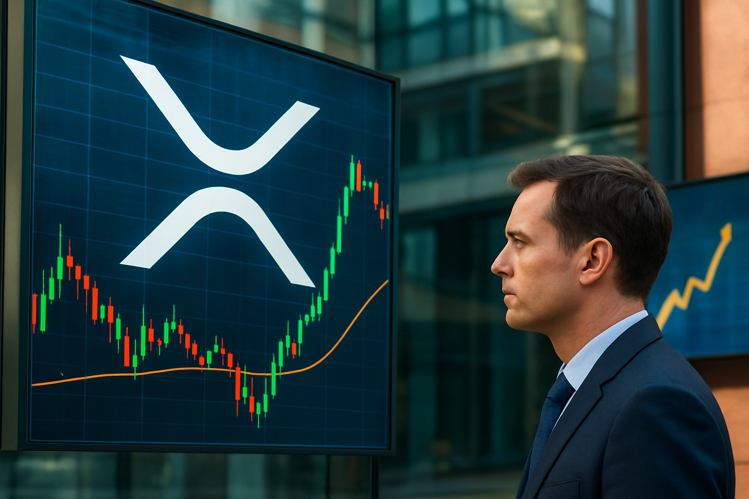 Realistisch redactioneel AI-beeld bij XRP-nieuws: FXStreet en crypto.news melden dat XRP tegen weerstand aanloopt na recente rebound