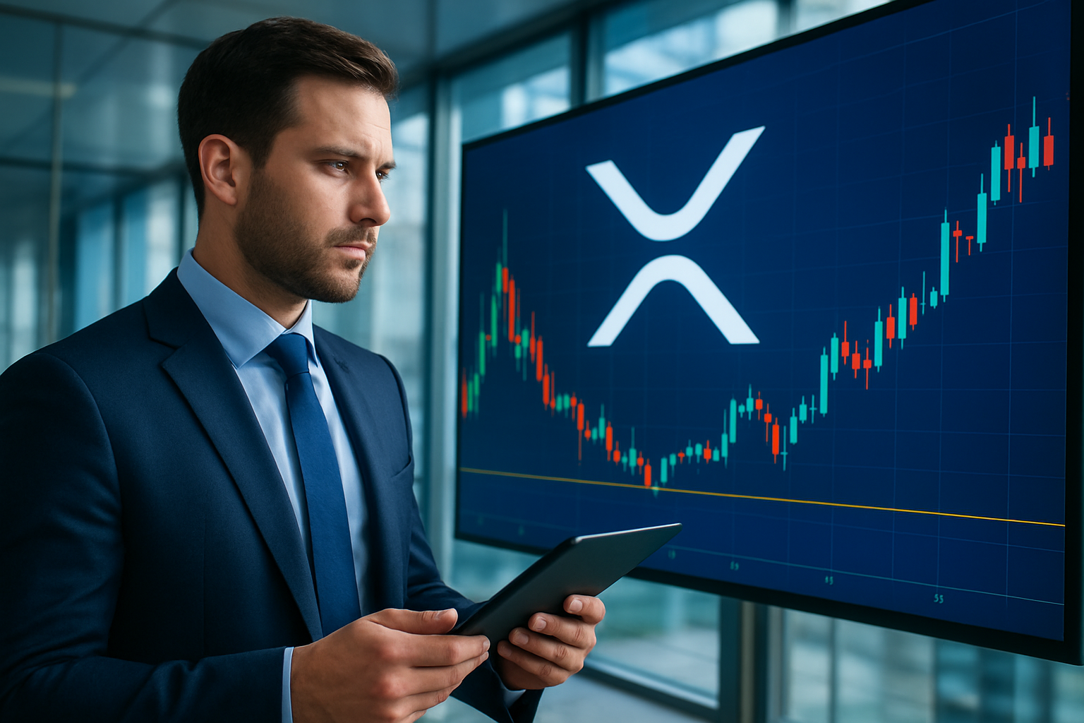 Realistisch redactioneel AI-beeld bij XRP-nieuws: Marktdata toont grote hefboomzone voor XRP rond $1