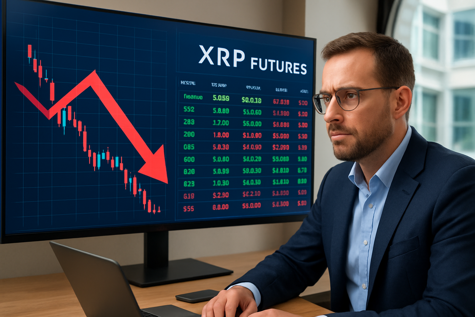 Realistisch redactioneel AI-beeld bij XRP-nieuws: Marktdata wijzen op meer verkoopdruk bij XRP-futures