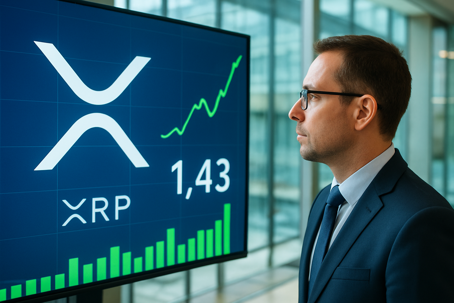Realistisch redactioneel AI-beeld bij XRP Ledger-nieuws: Meer transacties op XRP Ledger terwijl XRP $1,43 aantikt
