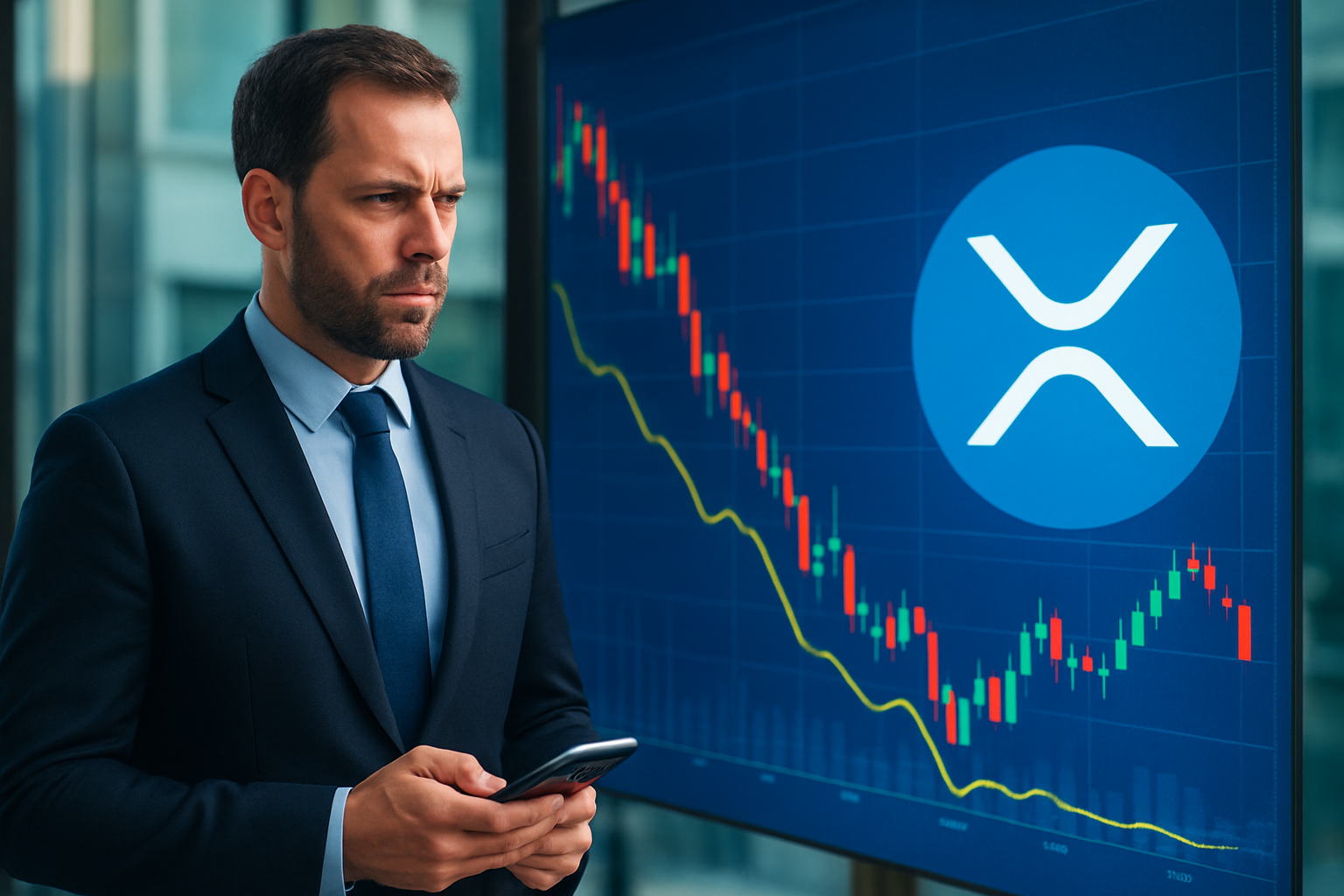 Realistisch redactioneel AI-beeld bij XRP-nieuws: Na scherpe daling draait XRP rond technisch niveau van $1,33