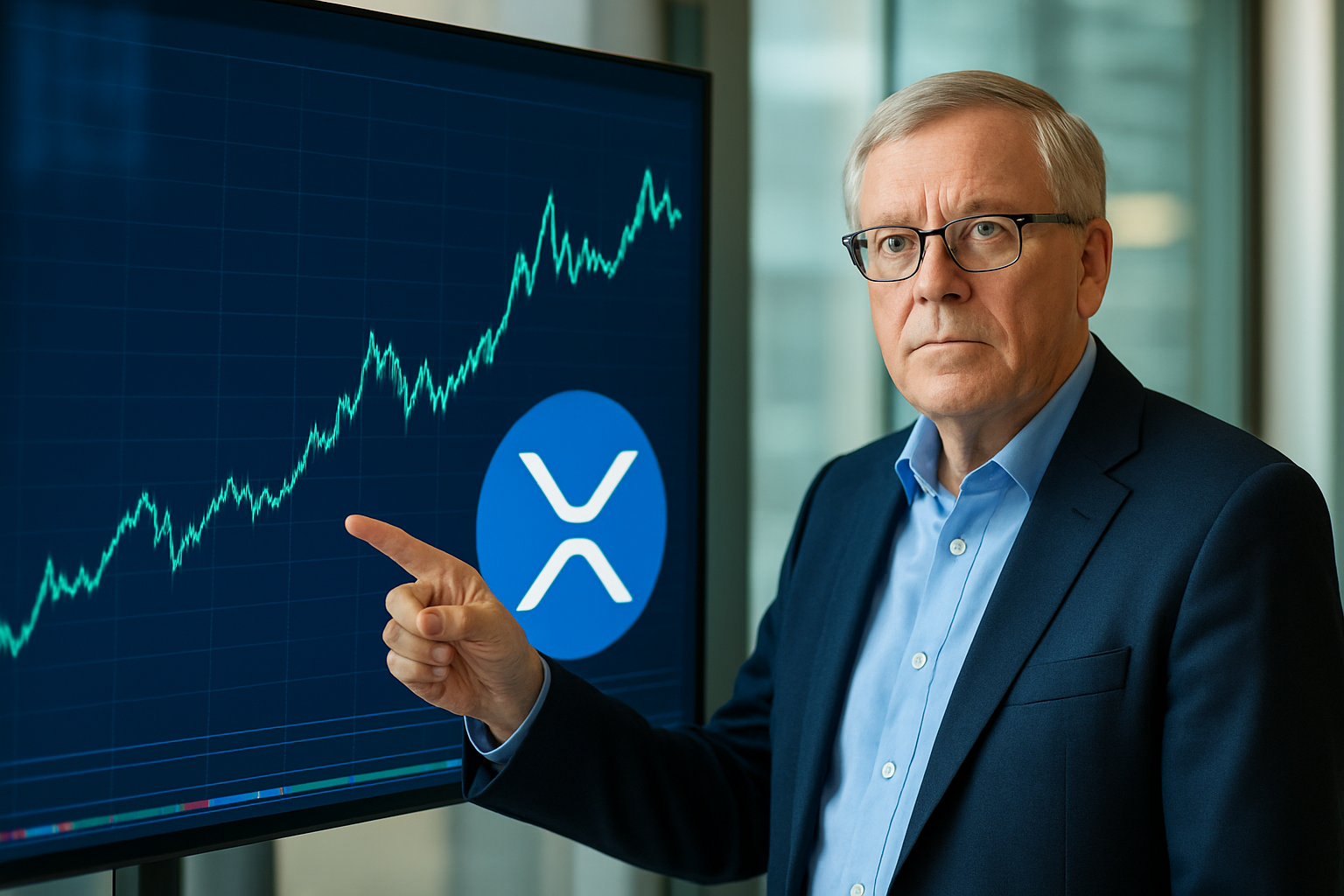 Realistisch redactioneel AI-beeld bij XRP-nieuws: Peter Brandt zet vraagteken bij waardering van XRP