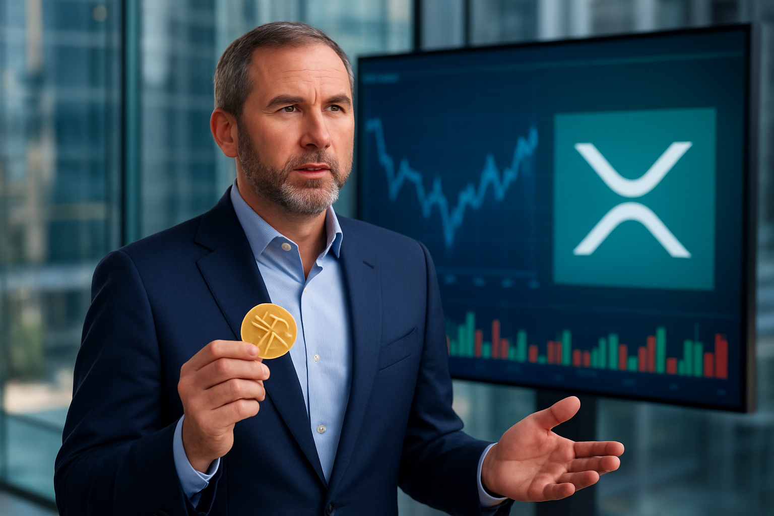 Realistisch redactioneel AI-beeld bij XRP-nieuws: Ripple-CEO: keuze tussen XRP en stablecoin hangt af van klant