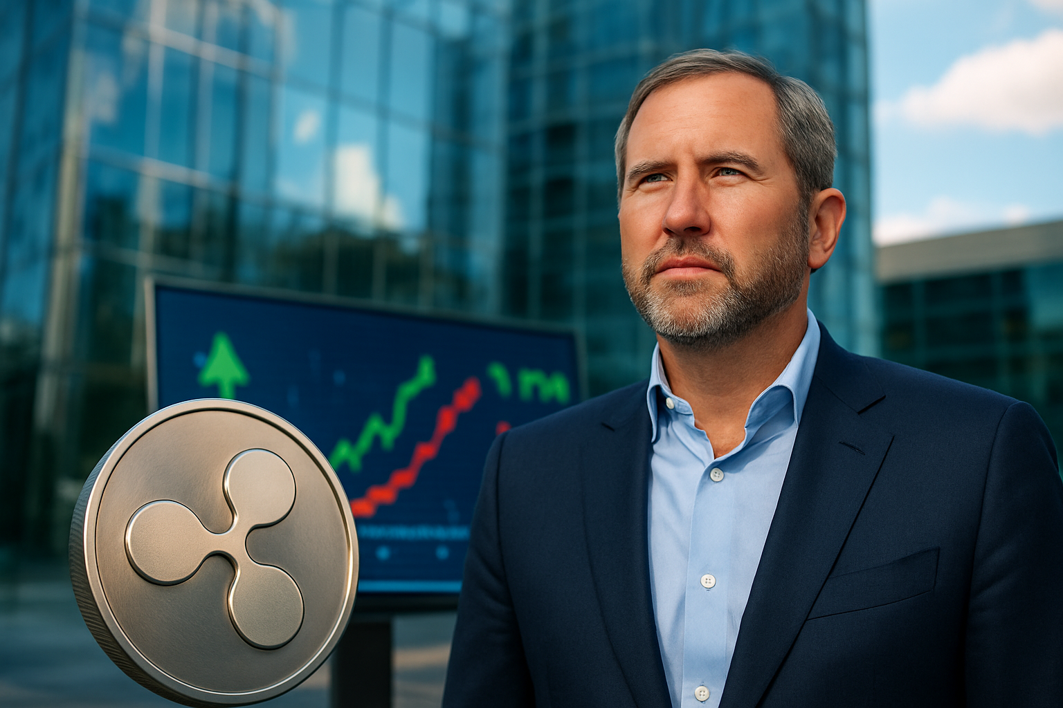 Realistisch redactioneel AI-beeld bij XRP-nieuws: Ripple-CEO ziet Amerikaanse cryptoregels dichterbij komen