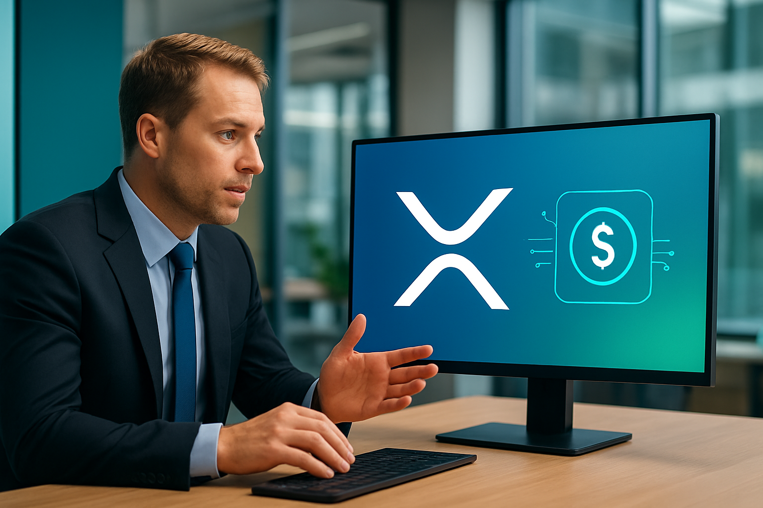 Realistisch redactioneel AI-beeld bij nieuws over RLUSD: Ripple voegt XRP en RLUSD toe aan betaalstandaard voor AI