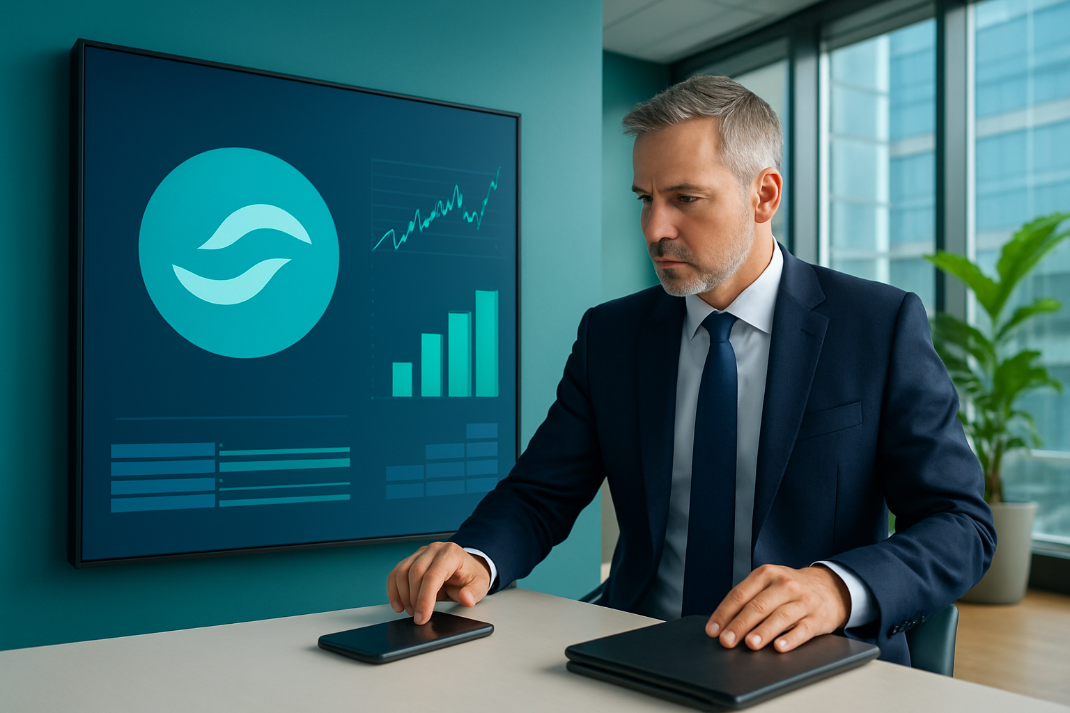 Realistisch redactioneel AI-beeld bij nieuws over RLUSD: RLUSD groeit naar record en staat vaker op Ethereum dan XRPL