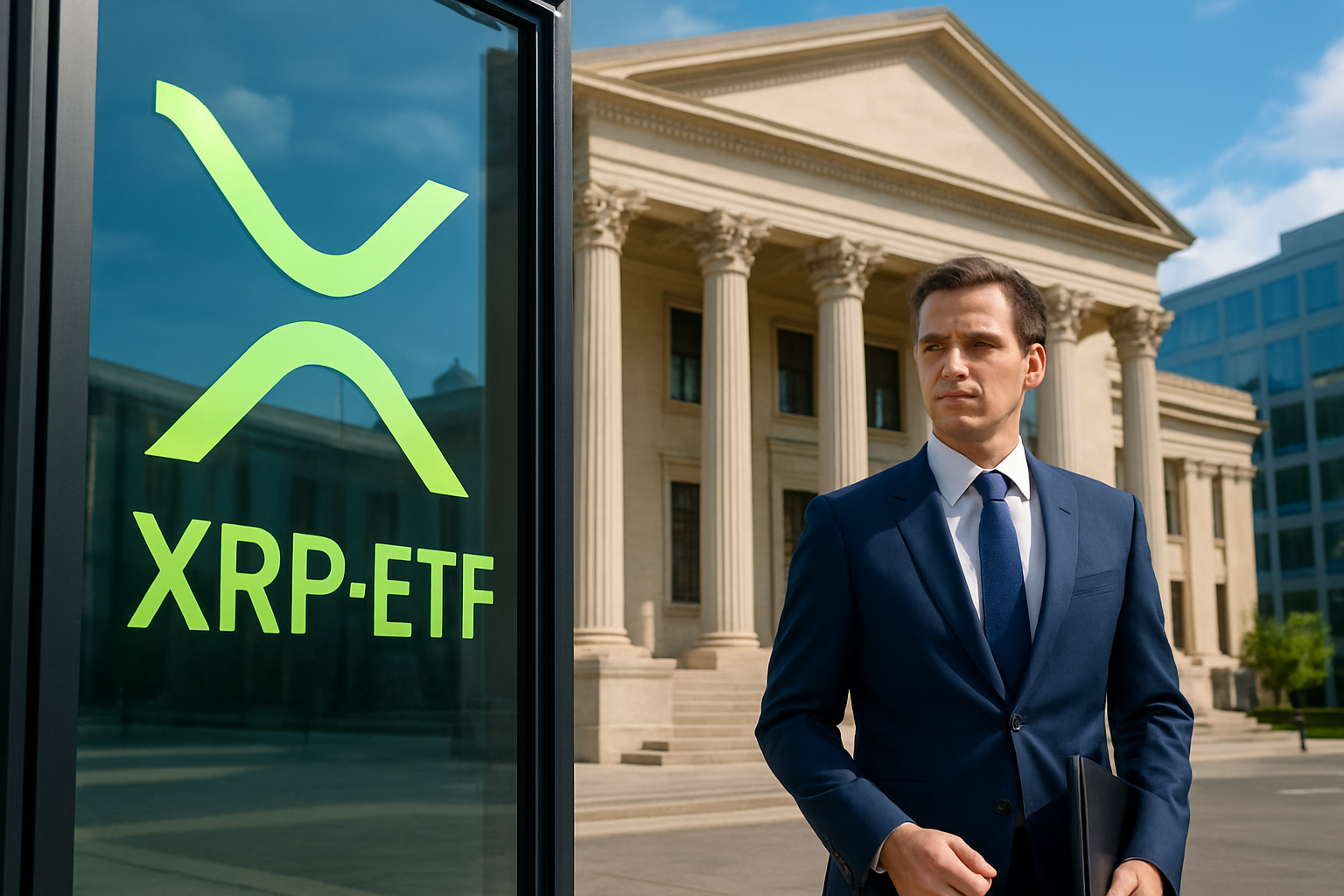 Realistisch redactioneel AI-beeld bij XRP-nieuws: Schwab-fondsen vermelden XRP-ETF-aandelen als onderpand