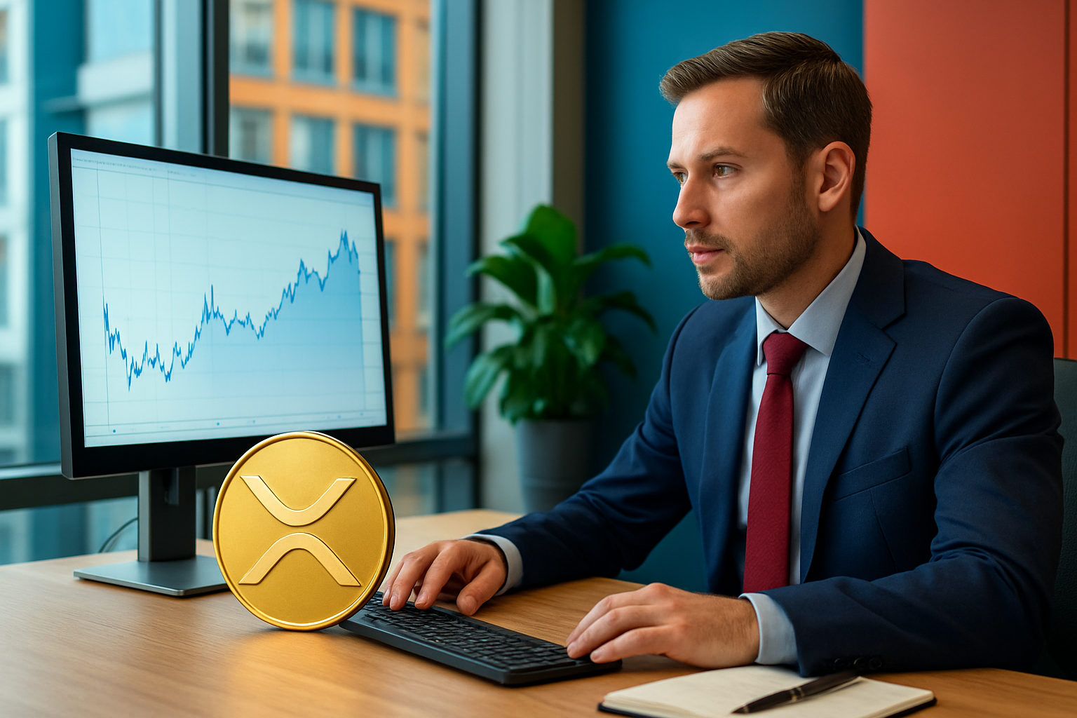 Realistisch redactioneel AI-beeld bij XRP-nieuws: Uitstel voor geplande 2x Short Daily XRP ETF van Teucrium