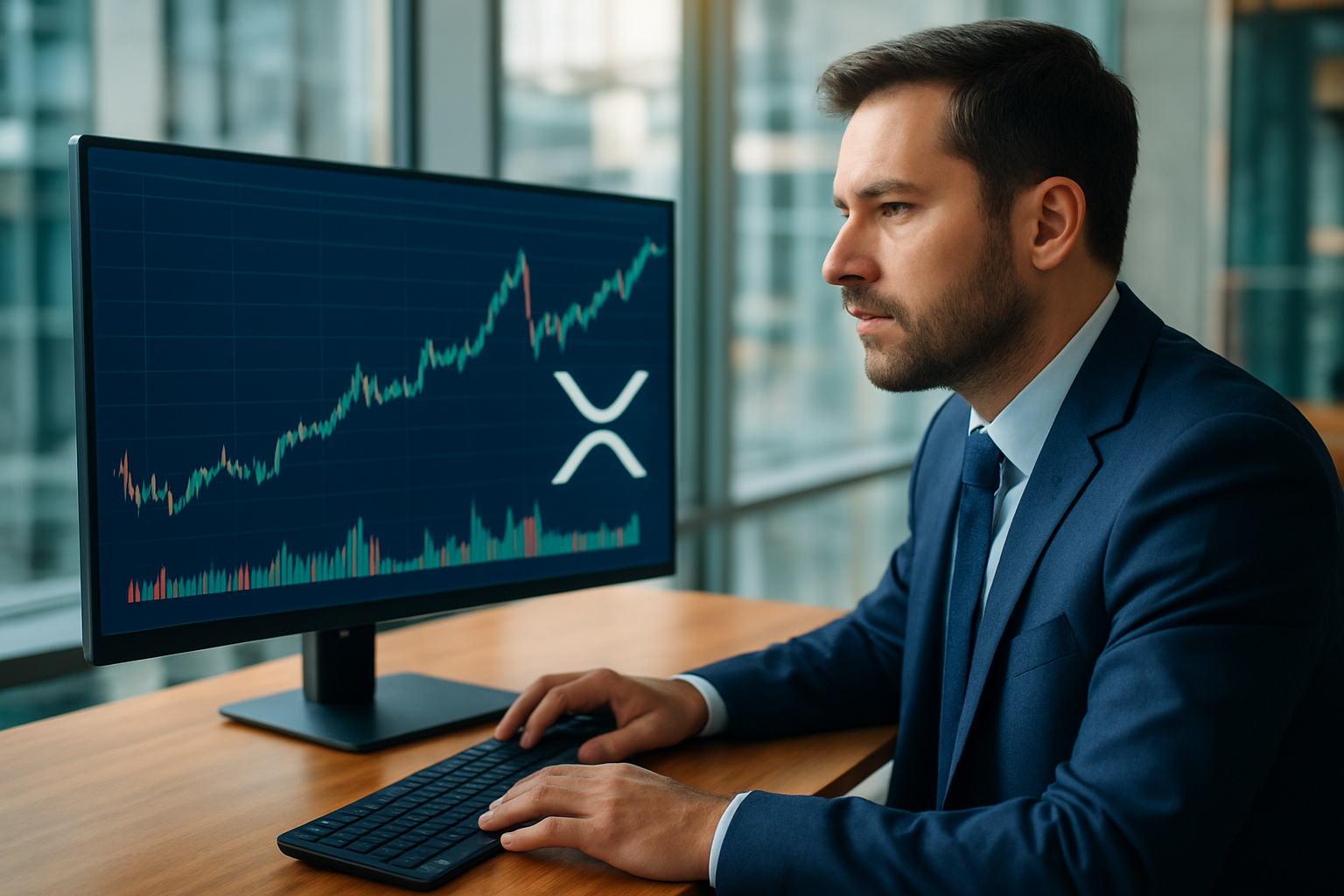 Realistisch redactioneel AI-beeld bij XRP-nieuws: XRP-analyse ziet betere marktstemming na koersherstel
