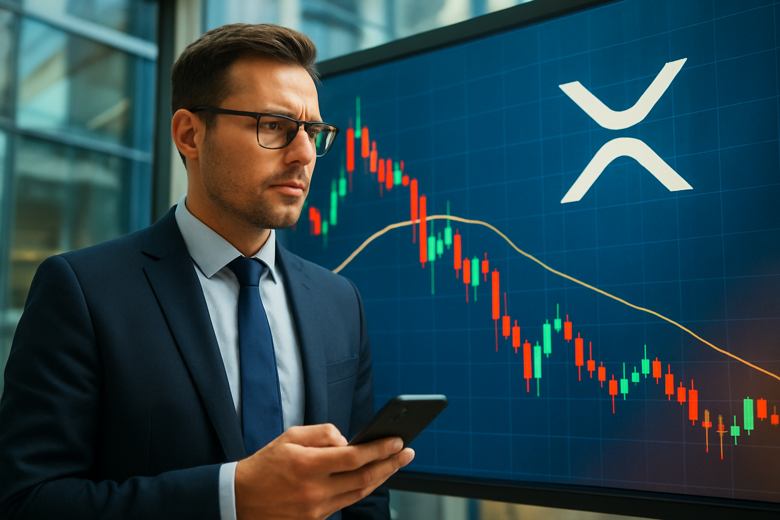 Realistisch redactioneel AI-beeld bij XRP-nieuws: XRP blijft volatiel terwijl analisten naar lage RSI kijken