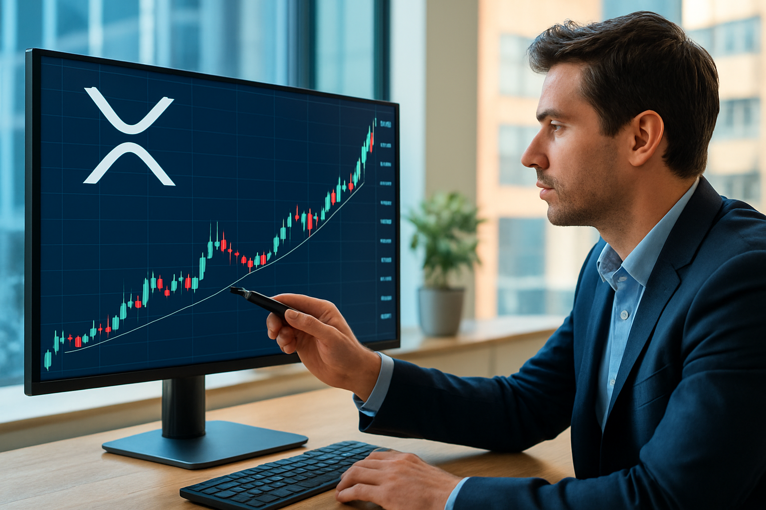 Realistisch redactioneel AI-beeld bij XRP-nieuws: XRP boven $1,56 in technische analyse na sterke stijging