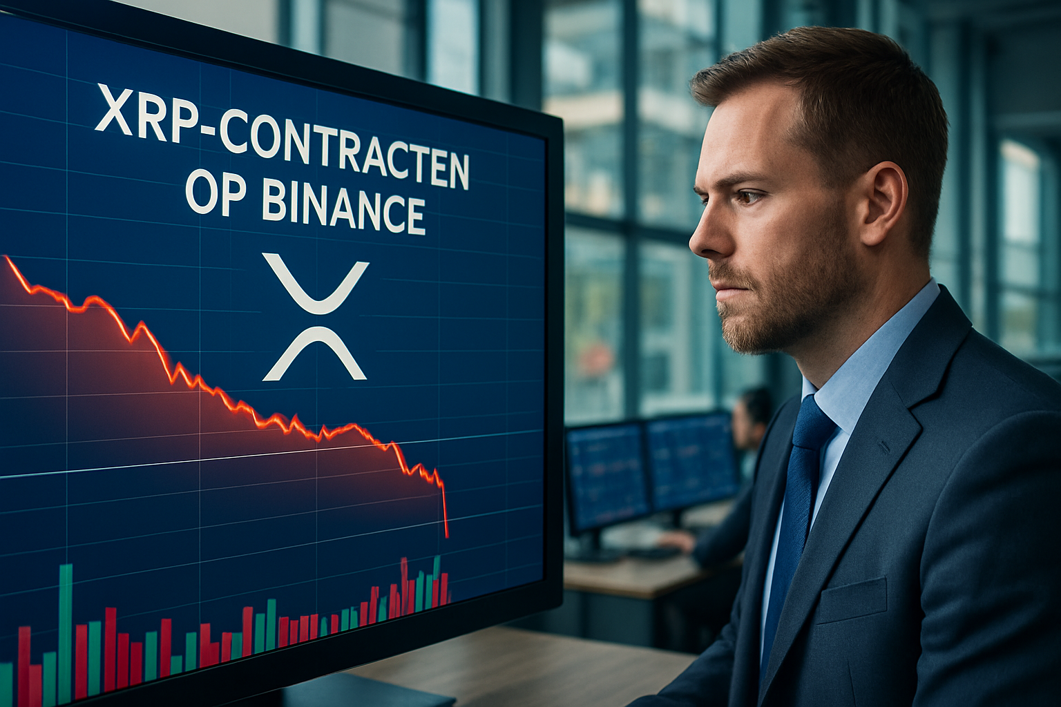 Realistisch redactioneel AI-beeld bij XRP-nieuws: XRP-contracten op Binance tonen omslag in posities