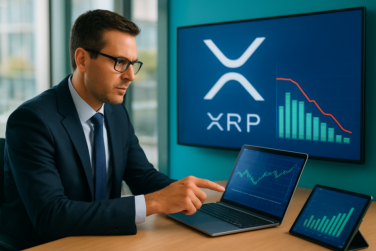 Realistisch redactioneel AI-beeld bij XRP-nieuws: XRP ETF’s trekken geld aan ondanks lagere koers