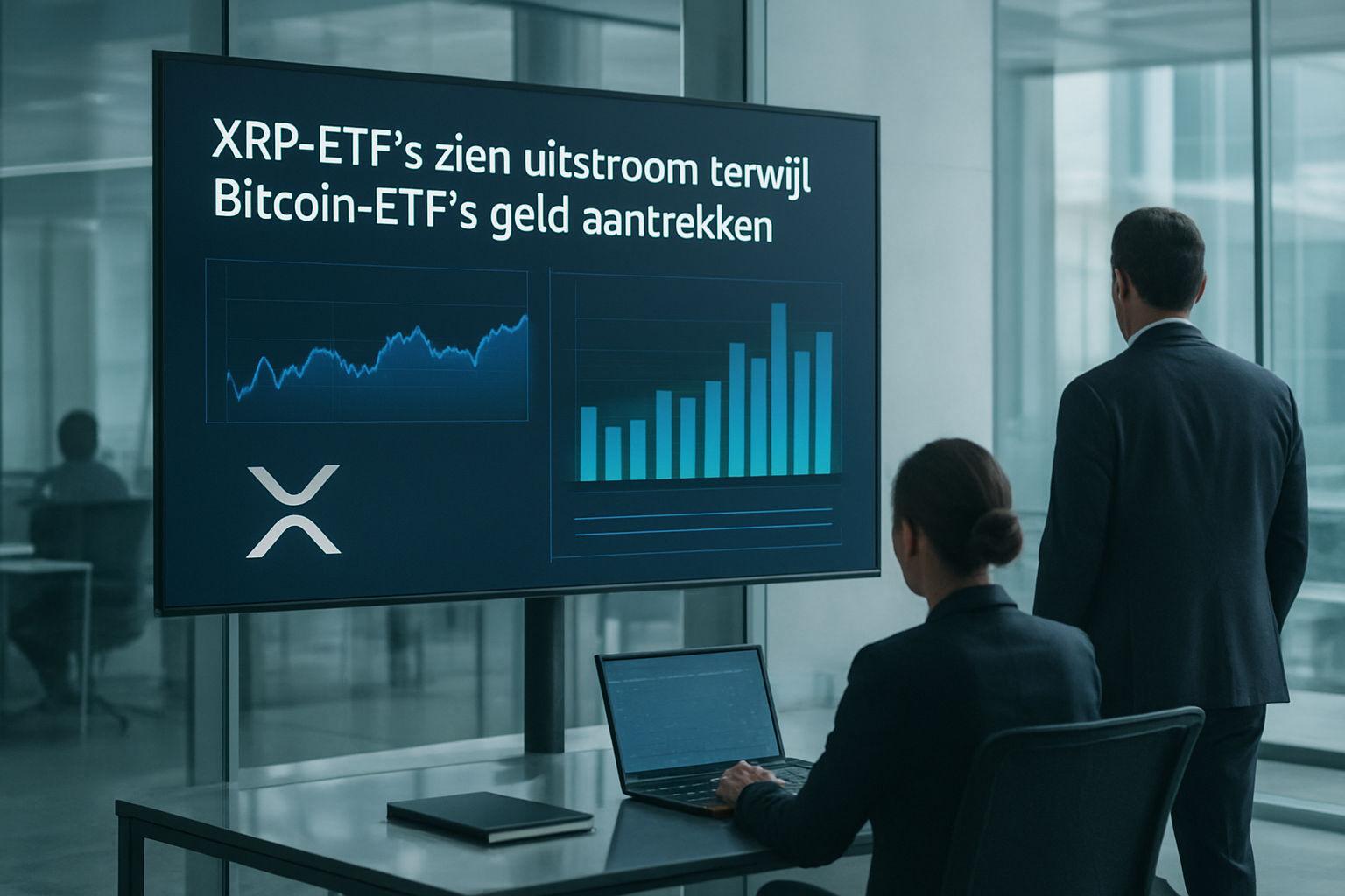 Realistisch redactioneel AI-beeld bij XRP-nieuws: XRP-ETF’s zien uitstroom terwijl Bitcoin-ETF’s geld aantrekken