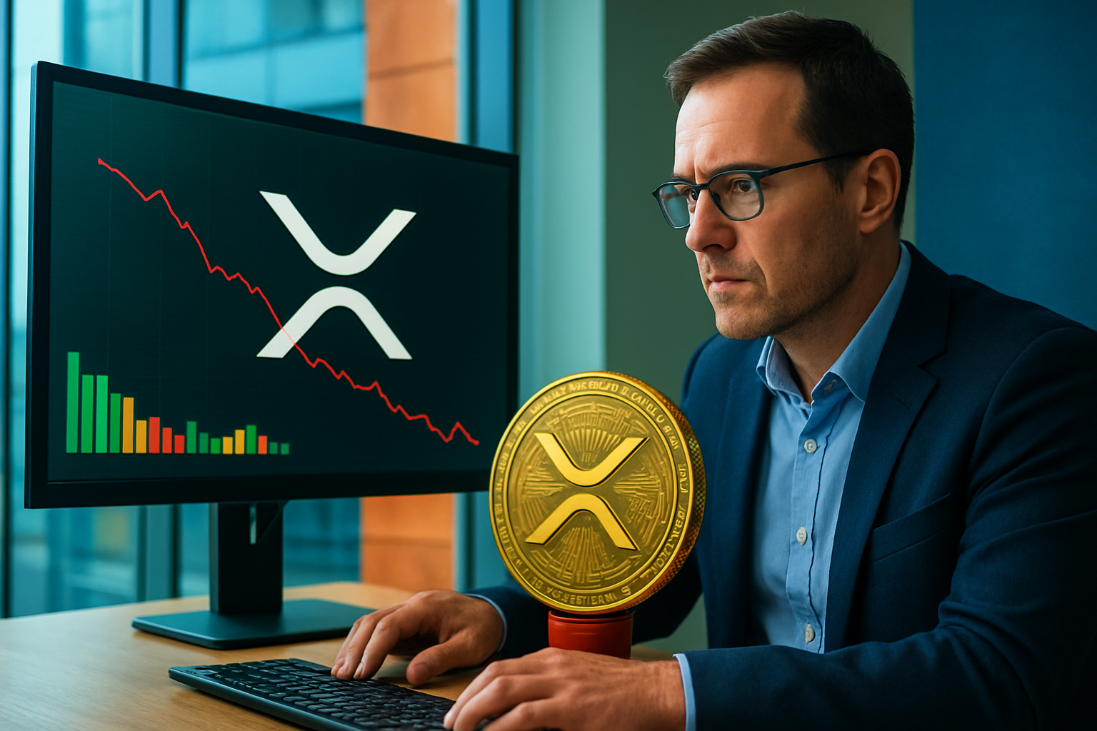 Realistisch redactioneel AI-beeld bij XRP-nieuws: XRP-futures tonen verdeeld beeld na koersdaling