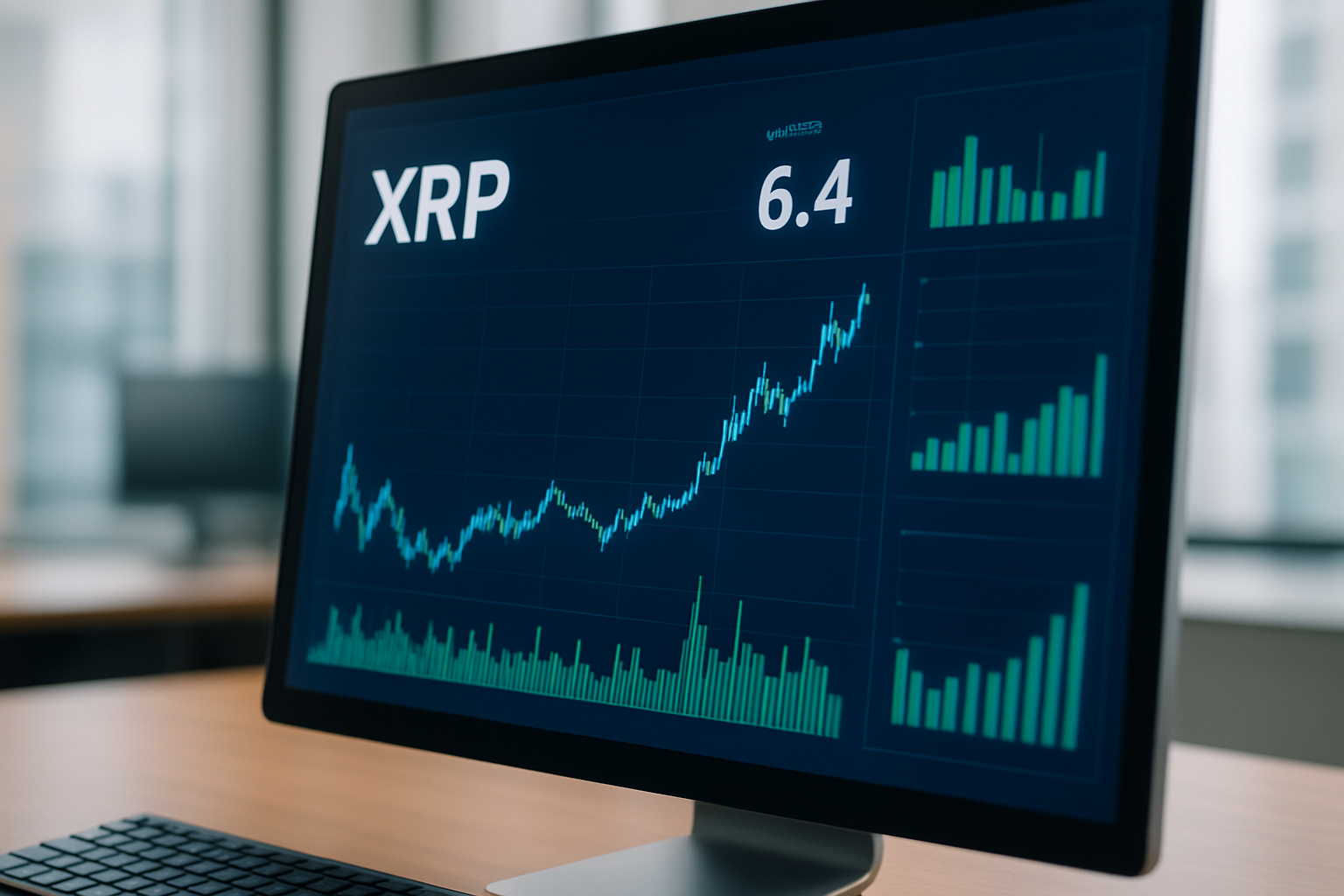 Realistisch redactioneel AI-beeld bij XRP-nieuws: XRP-futuresvolume van $6,4 miljard op 26 augustus 2026