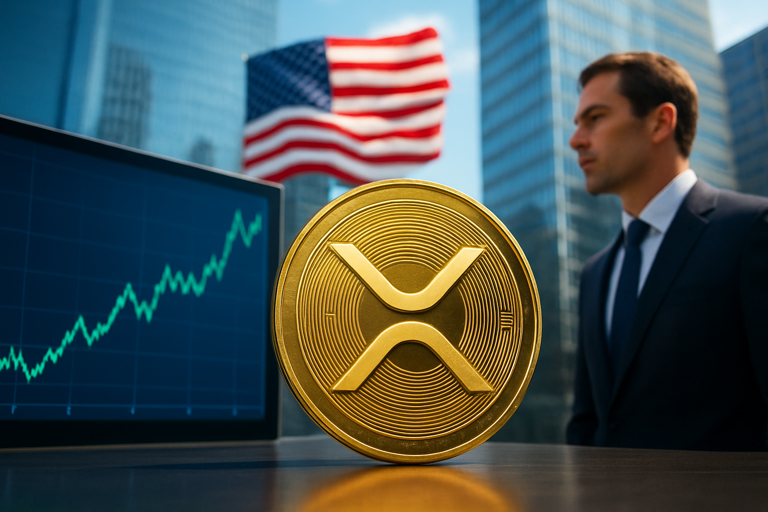 Realistisch redactioneel AI-beeld bij XRP-nieuws: XRP in beeld rond stemming over Amerikaanse cryptowet