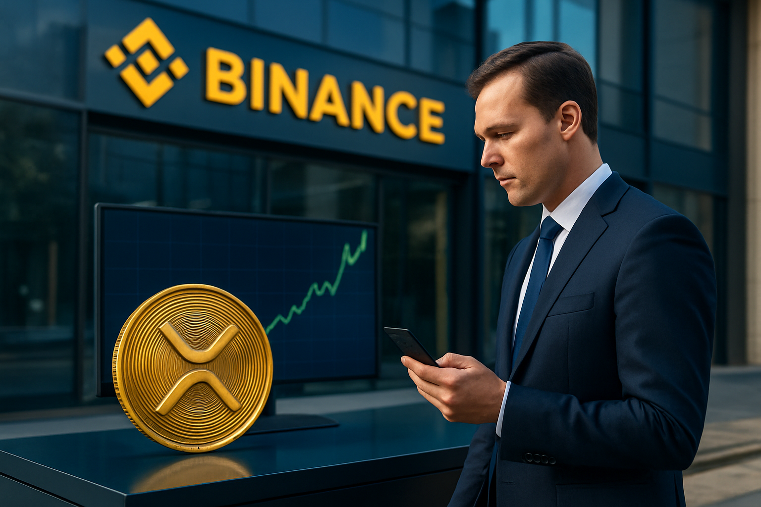 Realistisch redactioneel AI-beeld bij XRP-nieuws: XRP-instroom naar Binance lag volgens analyse fors boven normaal