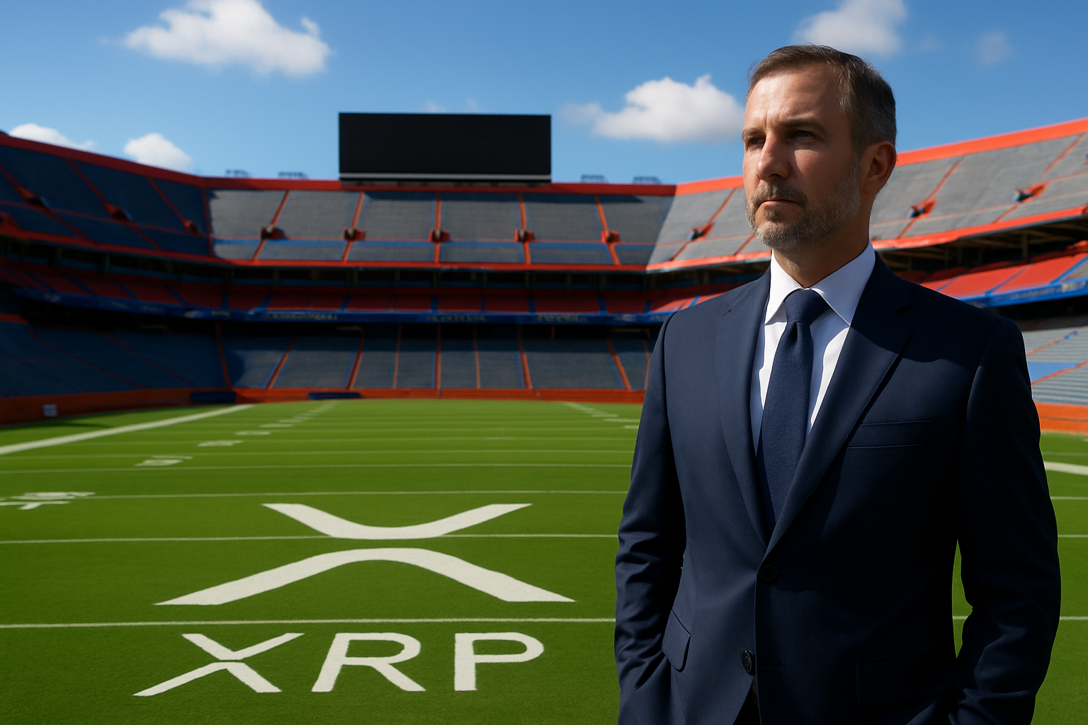Realistisch redactioneel AI-beeld bij Ripple-nieuws: XRP-logo krijgt volgens Decrypt plek in Florida-stadion