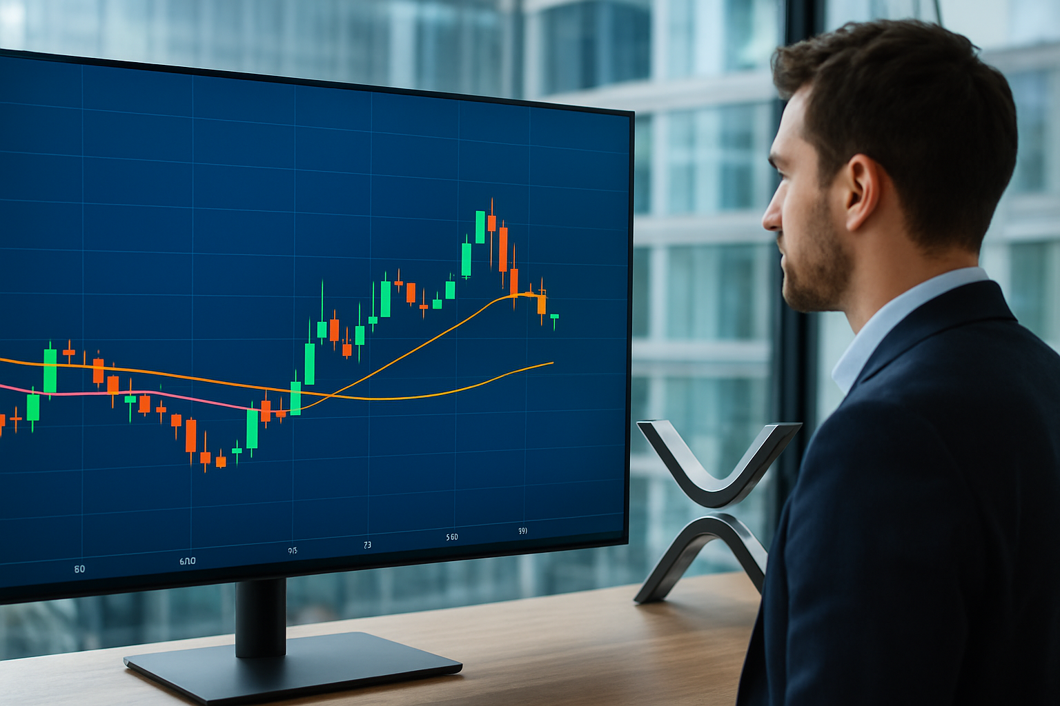 Realistisch redactioneel AI-beeld bij XRP-nieuws: XRP noteert volgens twee bronnen dicht bij een golden cross