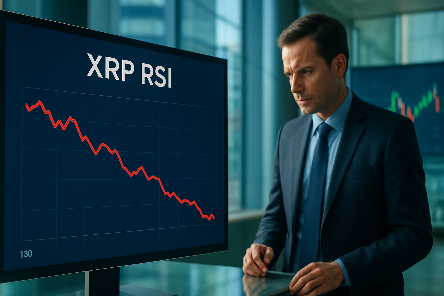 Realistisch redactioneel AI-beeld bij XRP-nieuws: XRP-RSI op tweewekengrafiek zakt naar laagste punt in 13 jaar