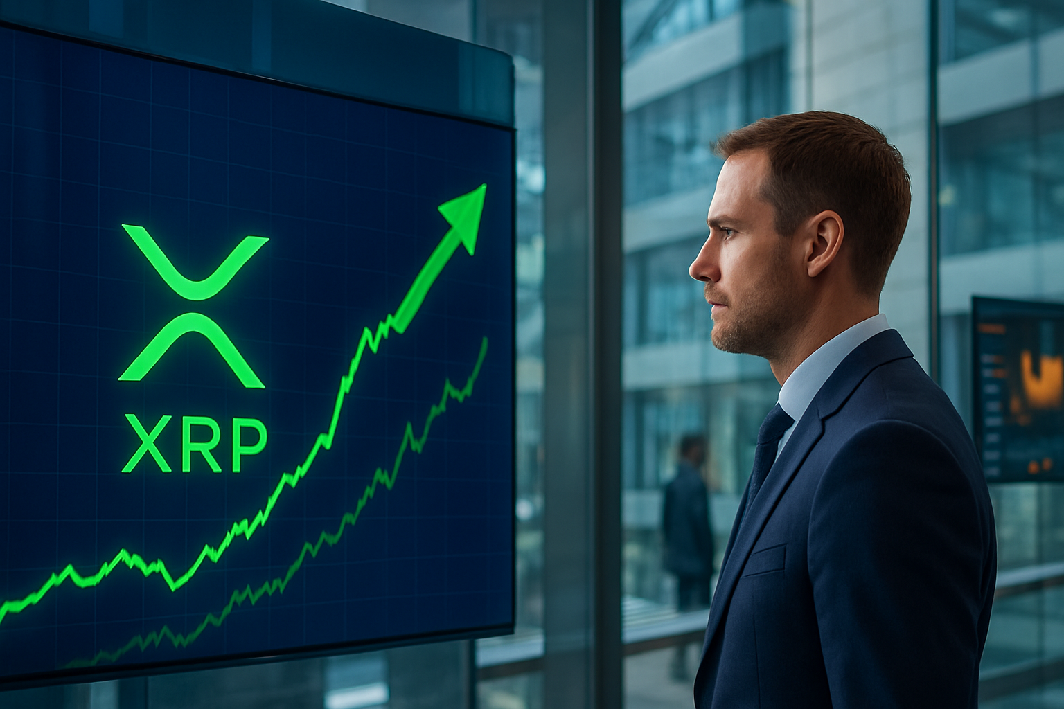 Realistisch redactioneel AI-beeld bij XRP-nieuws: XRP stijgt bijna 5% terwijl Amerikaanse cryptostem nadert