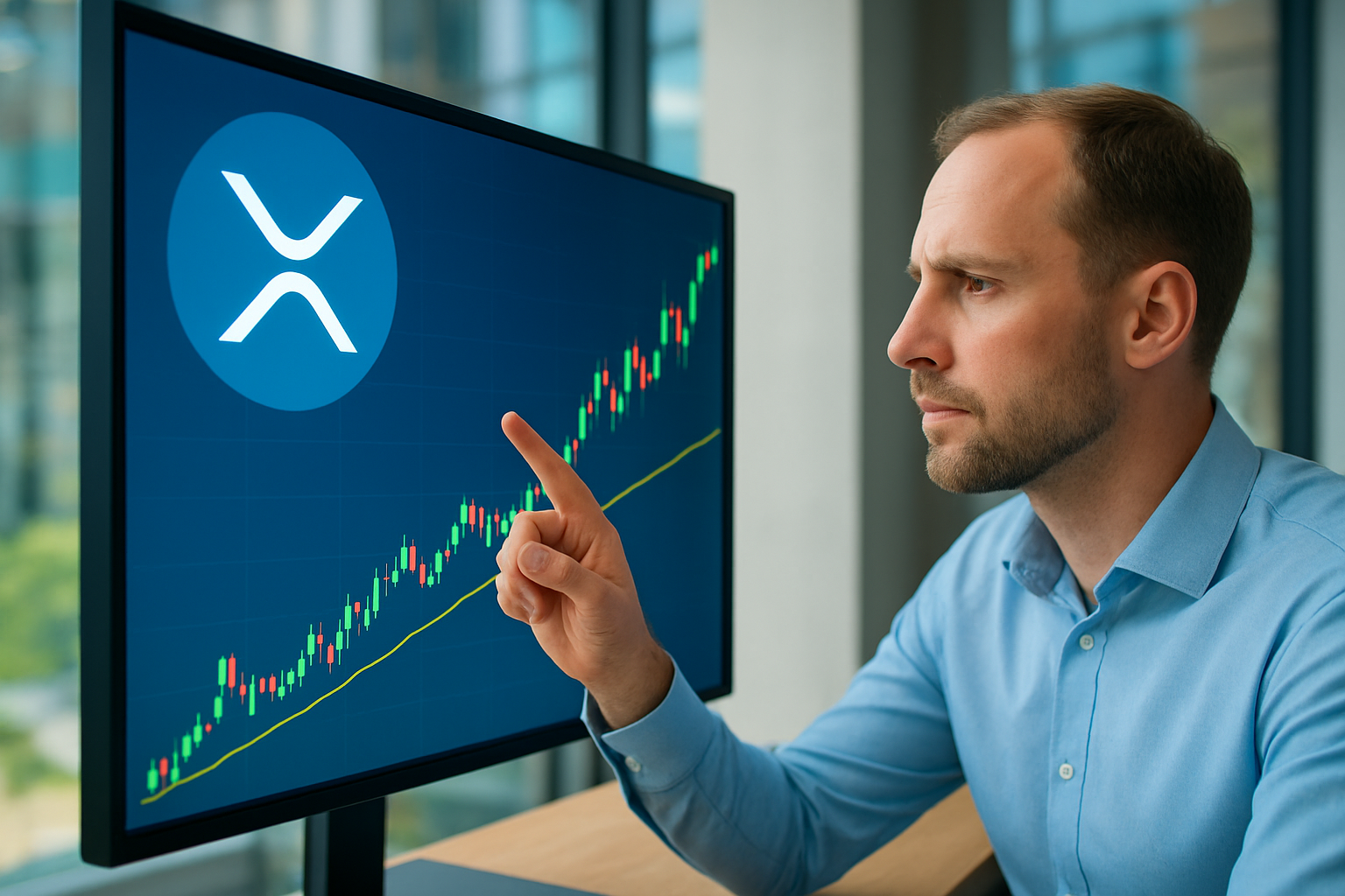 Realistisch redactioneel AI-beeld bij XRP-nieuws: XRP stijgt bijna 7 procent en nadert eerdere koerstop