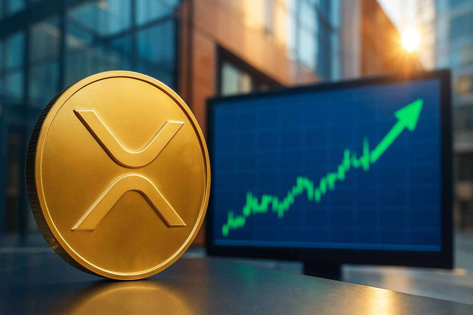 Realistisch redactioneel AI-beeld bij XRP-nieuws: XRP stijgt bijna 8% en nadert volgens analyse belangrijke zone