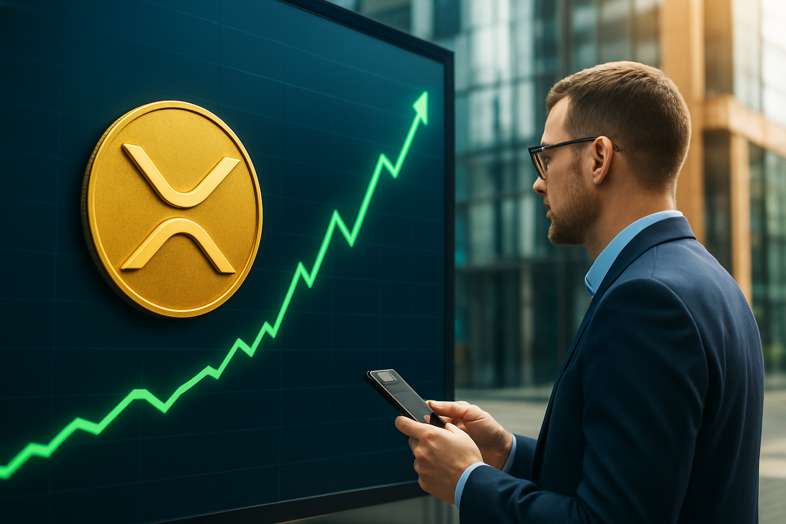 Realistisch redactioneel AI-beeld bij XRP-nieuws: XRP stijgt in euro terwijl hefboomposities afnemen