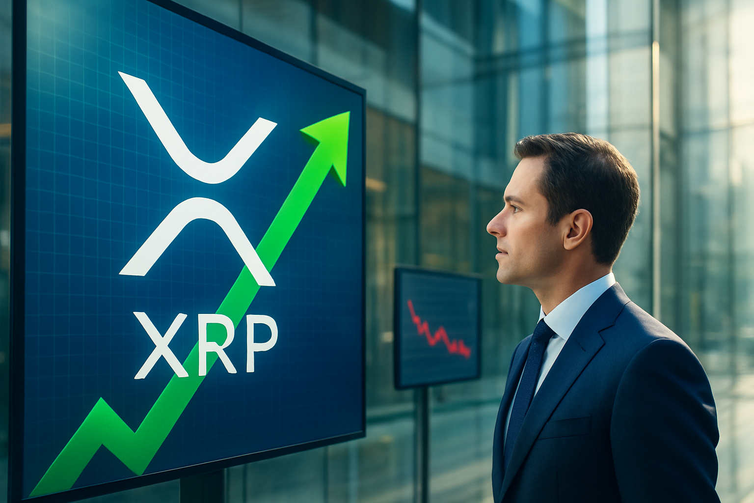 Realistisch redactioneel AI-beeld bij XRP-nieuws: XRP stijgt sterker dan Bitcoin en Ethereum na stevige marktdag