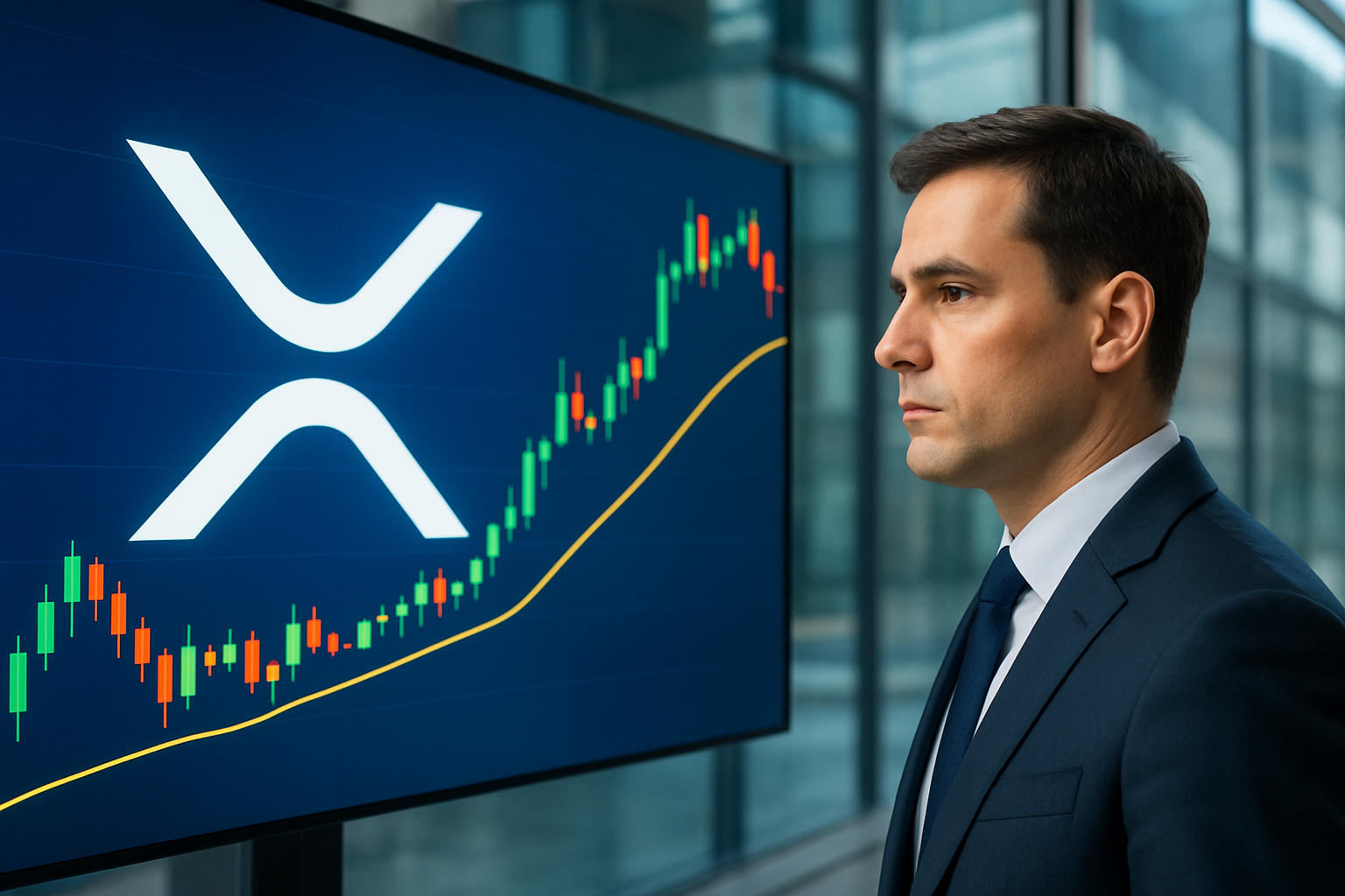 Realistisch redactioneel AI-beeld bij XRP-nieuws: XRP stijgt van ongeveer $1 naar $1,52 en nadert bullish golden cross