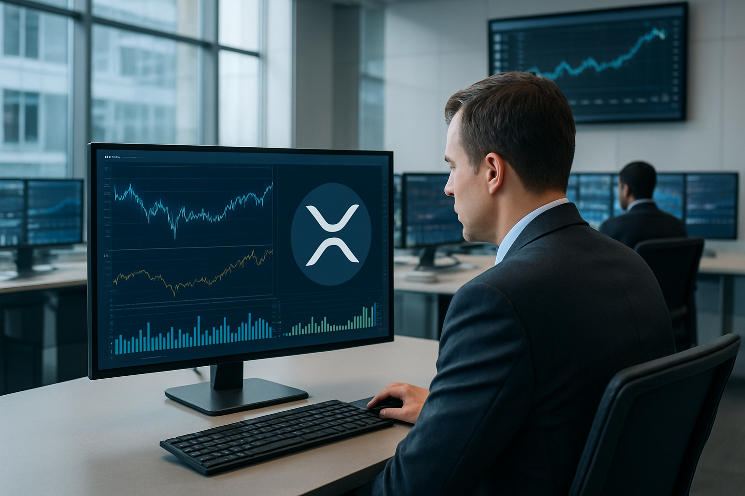 Realistisch redactioneel AI-beeld bij XRP-nieuws: XRP voert Bitvavo-volume aan en blijft Bitcoin voor