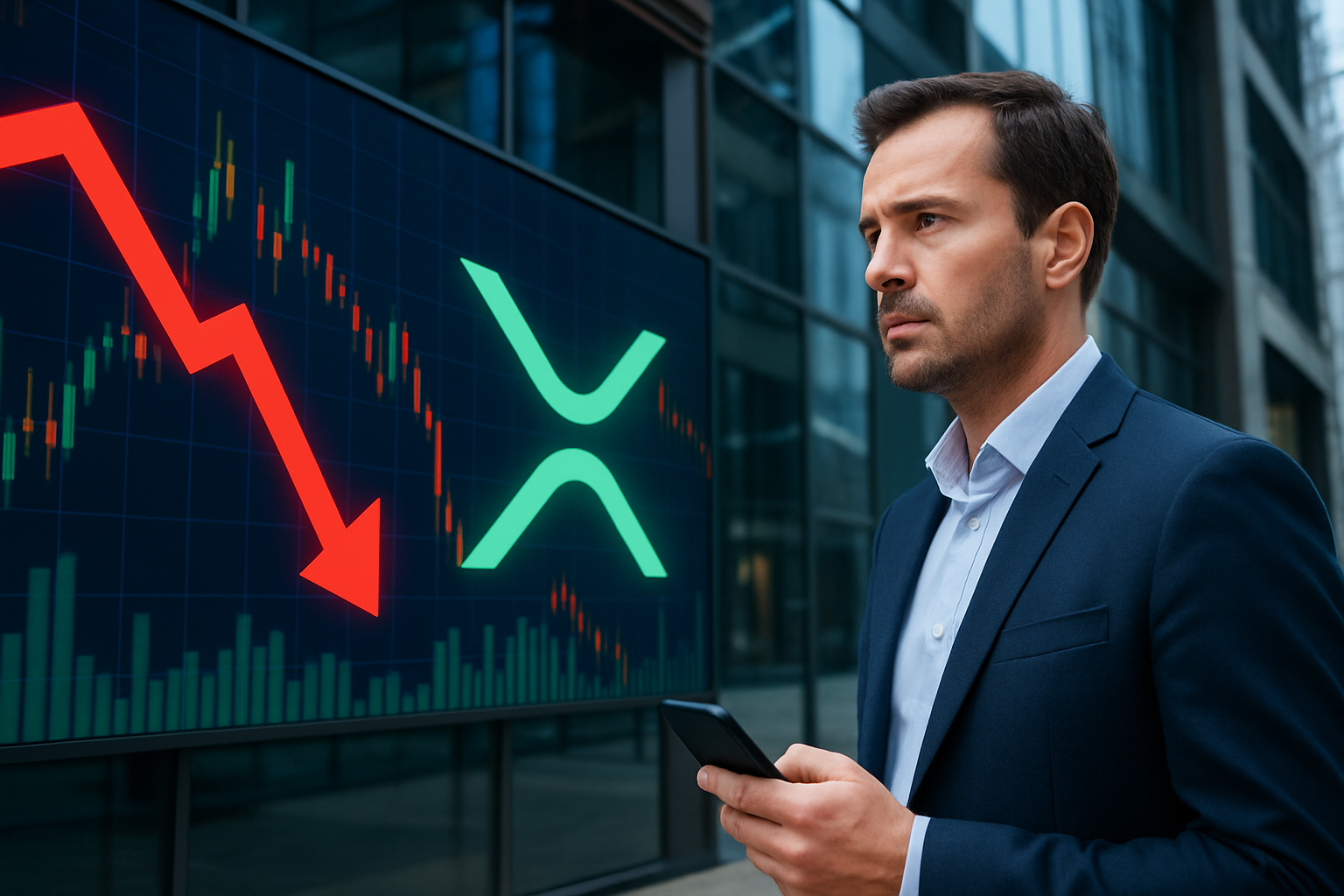 Realistisch redactioneel AI-beeld bij XRP-nieuws: XRP zakt, maar futuresmarkt blijft relatief positief
