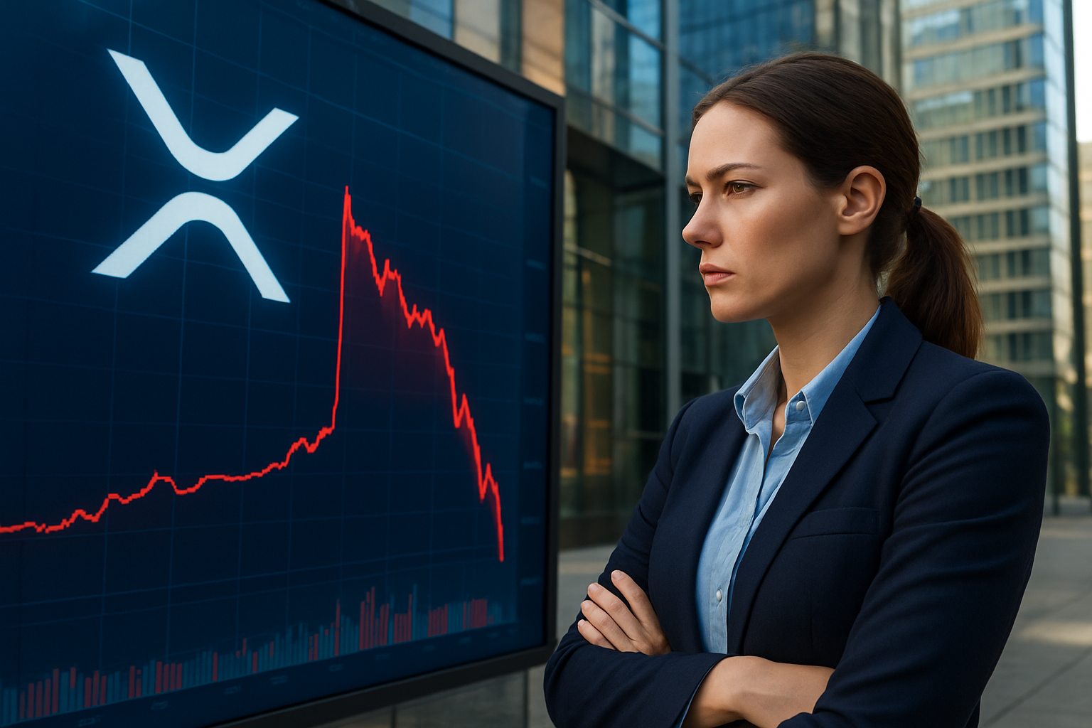 Realistisch redactioneel AI-beeld bij XRP-nieuws: XRP zakt richting $1,49 na snelle terugval vanaf $1,65