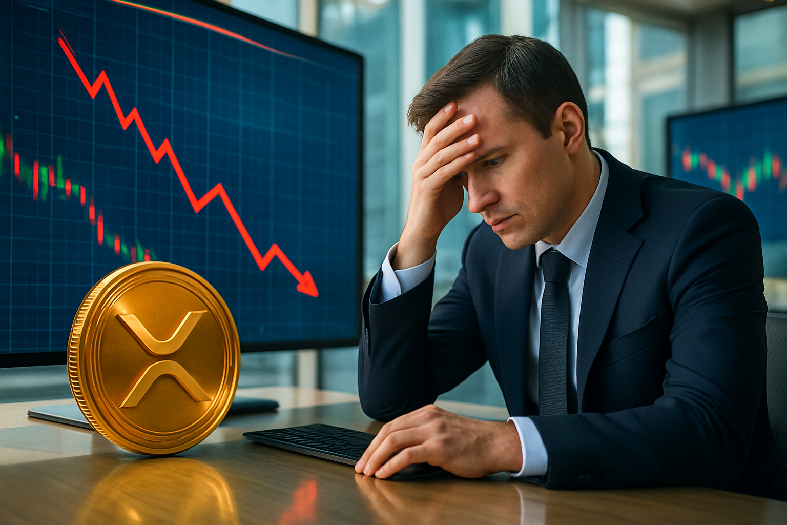 Realistisch redactioneel AI-beeld bij XRP-nieuws: CoinMarketCap: $803 miljoen aan crypto-posities geliquideerd in 24 uur