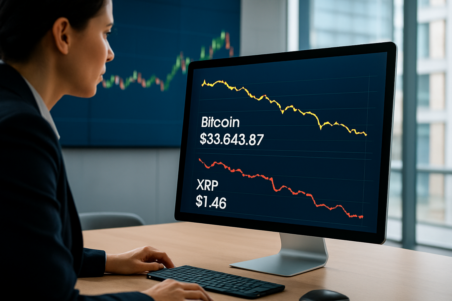 Realistisch redactioneel AI-beeld bij XRP-nieuws: CoinMarketCap: Bitcoin onder $84.000, XRP daalt naar rond $1,46